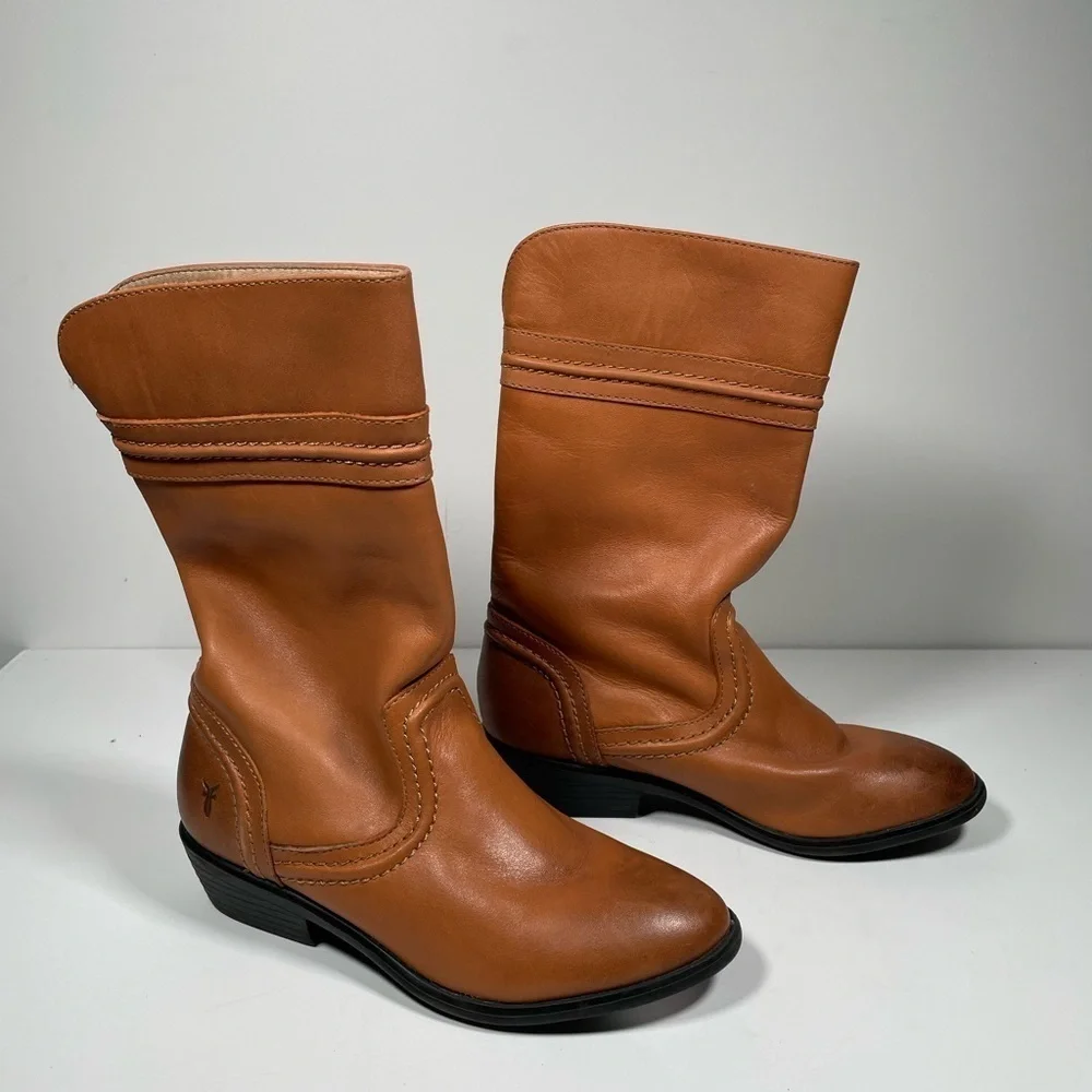 Frye Boots Boys Western Leather Tan Cowboy Boots Carmel Rubber Sole Shoes Size 2